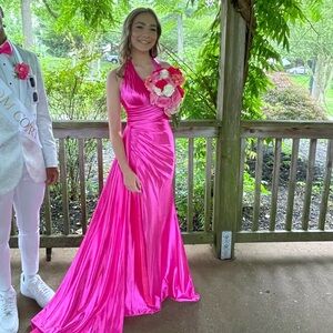 Hot Pink Satin Prom Halter Gown